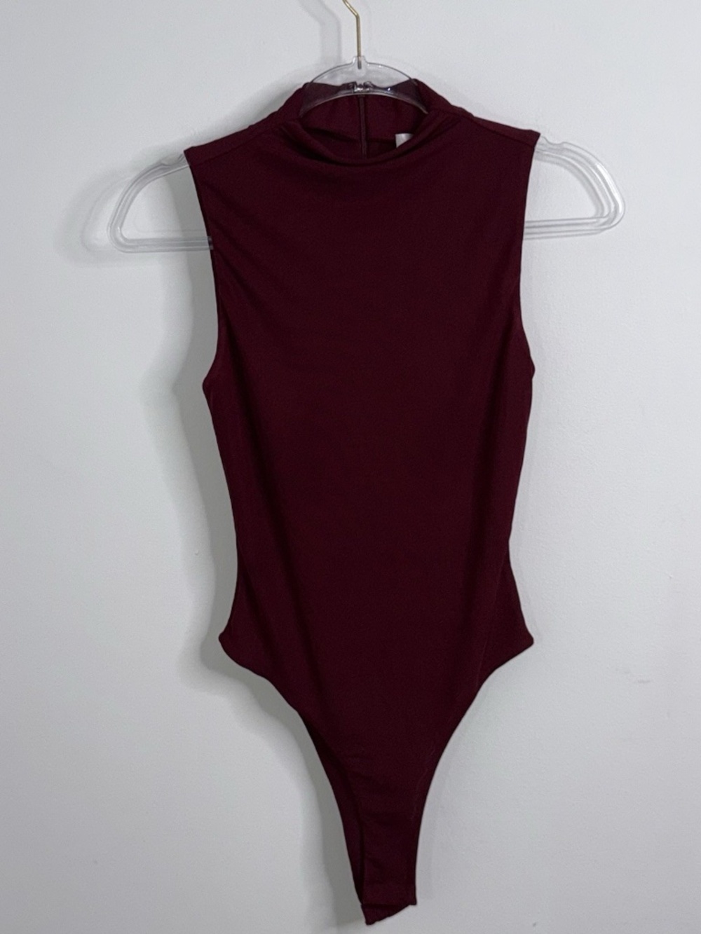 Ronny Kobo Burgundy Sleeveless Bodysuit Sheer Women's Size S EUC High Neck